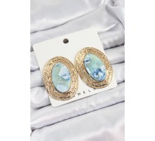 Pirinç Mermer Desenlli Mavi Sedef Oval Vintage Model Gold Renk Kadın Küpe - TJ-BKP10777