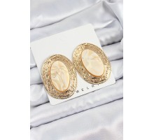 Pirinç Mermer Desenlli Bej Sedef Oval Vintage Model Gold Renk Kadın Küpe - TJ-BKP10778