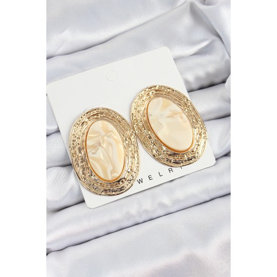 Pirinç Mermer Desenlli Bej Sedef Oval Vintage Model Gold Renk Kadın Küpe - TJ-BKP10778