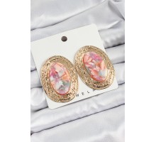 Pirinç Mermer Desenlli Pembe Sedef Oval Vintage Model Gold Renk Kadın Küpe - TJ-BKP10779