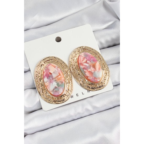 Pirinç Mermer Desenlli Pembe Sedef Oval Vintage Model Gold Renk Kadın Küpe - TJ-BKP10779