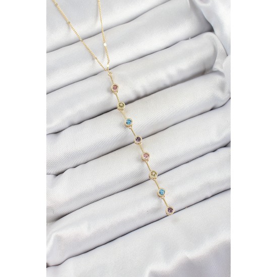 Pirinç Renkli Zirkon Taşlı Y Model Gold Renk Kadın Kolye - TJ-BKO10306