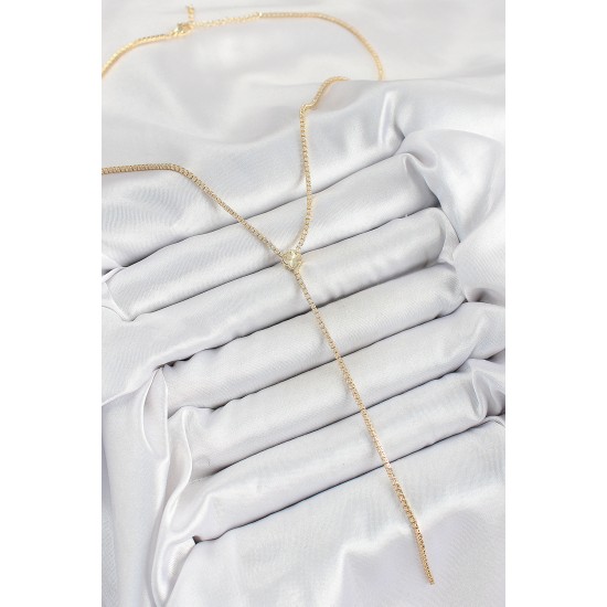 Pirinç Zirkon Taşlı Yonca Figürlü Y Model Gold Renk Kadın Kolye - TJ-BKO10307