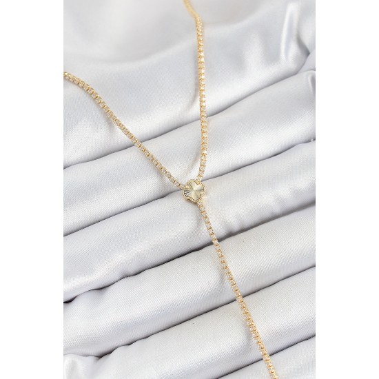 Pirinç Zirkon Taşlı Yonca Figürlü Y Model Gold Renk Kadın Kolye - TJ-BKO10307