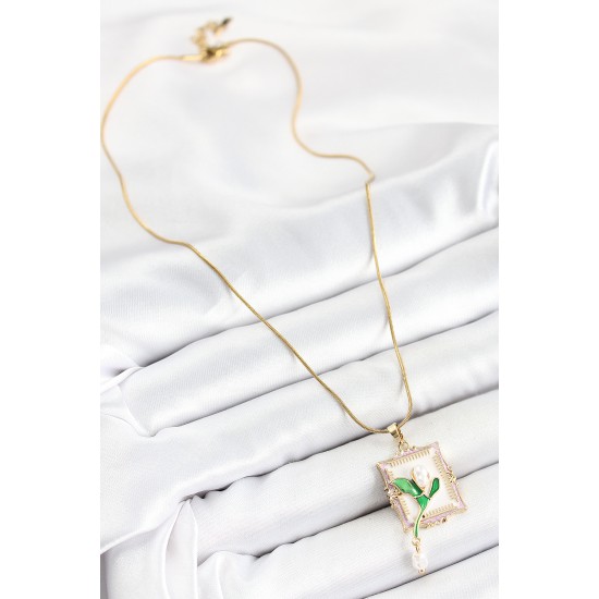 toptan-xml-dropshipping-316L Çelik Zincir Beyaz Sanatsal Portre Sallantılı İnci Detaylı Lale Model Gold Renk Kadın Kolye - TJ-BKO10308