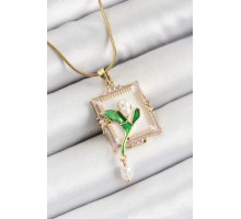 316L Çelik Zincir Beyaz Sanatsal Portre Sallantılı İnci Detaylı Lale Model Gold Renk Kadın Kolye - TJ-BKO10308