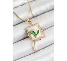 316L Çelik Zincir Beyaz Sanatsal Portre Sallantılı İnci Detaylı Lale Model Gold Renk Kadın Kolye - TJ-BKO10308