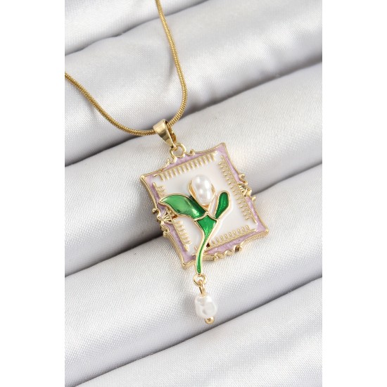 toptan-xml-dropshipping-316L Çelik Zincir Beyaz Sanatsal Portre Sallantılı İnci Detaylı Lale Model Gold Renk Kadın Kolye - TJ-BKO10308