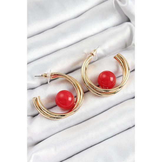 Pirinç Gold Renk Halka Model Kırmızı Boncuk Detay Kadın Küpe - TJ-BKP10366