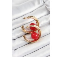 Pirinç Gold Renk Halka Model Kırmızı Boncuk Detay Kadın Küpe - TJ-BKP10366