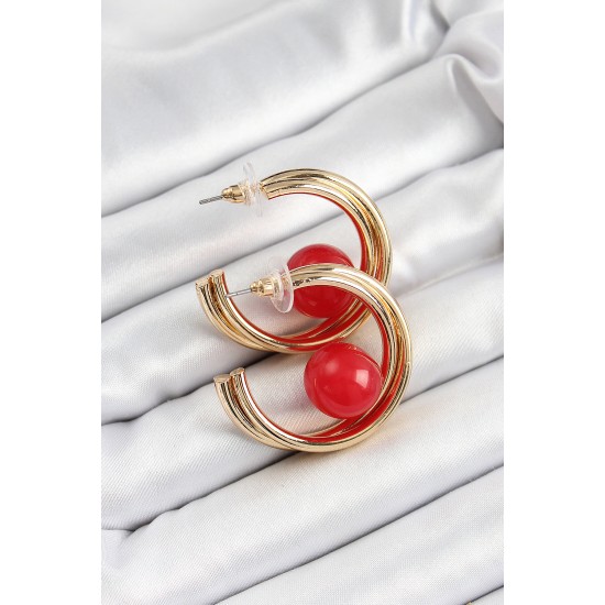 Pirinç Gold Renk Halka Model Kırmızı Boncuk Detay Kadın Küpe - TJ-BKP10366