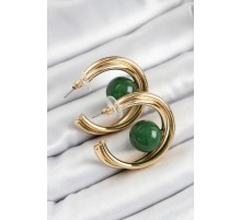 Pirinç Gold Renk Halka Model Yeşil Boncuk Detay Kadın Küpe - TJ-BKP10365