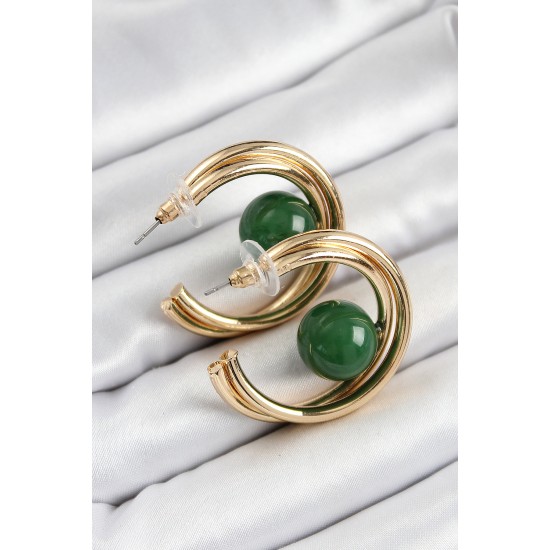 Pirinç Gold Renk Halka Model Yeşil Boncuk Detay Kadın Küpe - TJ-BKP10365