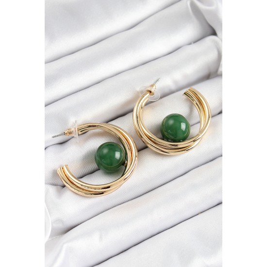 Pirinç Gold Renk Halka Model Yeşil Boncuk Detay Kadın Küpe - TJ-BKP10365