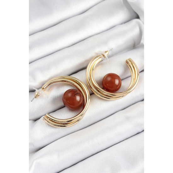 Pirinç Gold Renk Halka Model Kahverengi Boncuk Detay Kadın Küpe - TJ-BKP10364