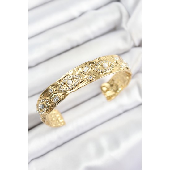 Pirinç Zirkon Taşlı Göz Model Gold Renk Altı Açık Kadın Bileklik - TJ-BB7213