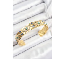 Pirinç Zirkon Taşlı Mavi Boncuklu Göz Model Gold Renk Altı Açık Kadın Bileklik - TJ-BB7214