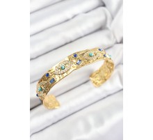 Pirinç Zirkon Taşlı Mavi Boncuklu Göz Model Gold Renk Altı Açık Kadın Bileklik - TJ-BB7214