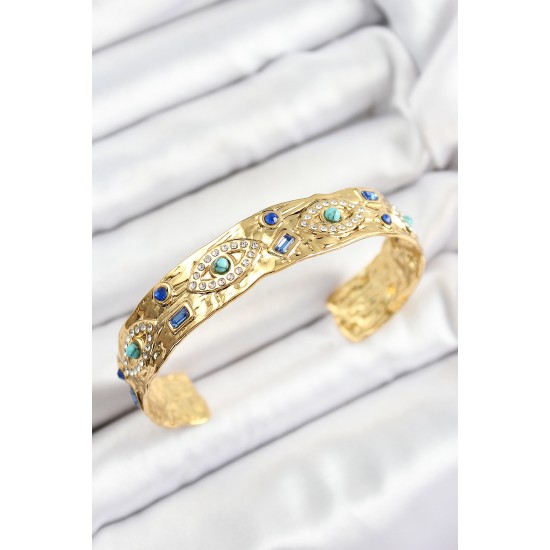 Pirinç Zirkon Taşlı Mavi Boncuklu Göz Model Gold Renk Altı Açık Kadın Bileklik - TJ-BB7214