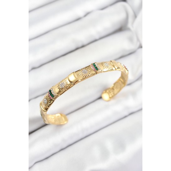 Pirinç Karışık Zirkon Taşlı Çiçek Model Gold Renk Altı Açık Kadın Bileklik - TJ-BB7216