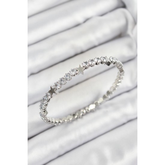 Pirinç Zirkon Taşlı Yıldız Model Gümüş Renk Yaylı Kadın Bileklik - TJ-BB7218