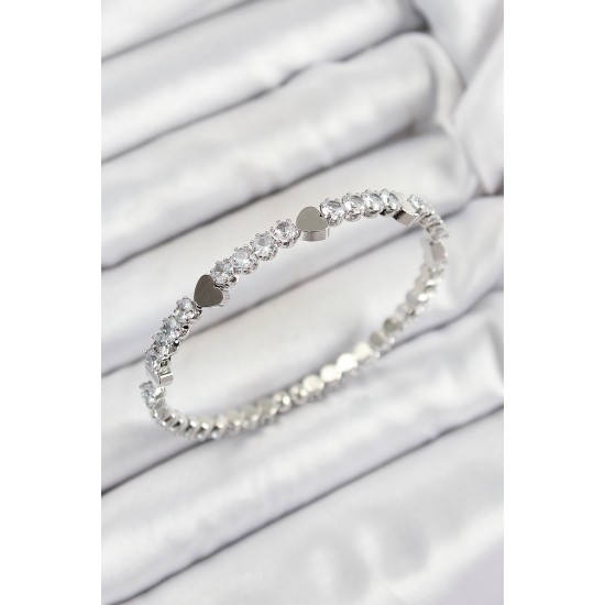 Pirinç Zirkon Taşlı Kalp Model Gümüş Renk Yaylı Kadın Bileklik - TJ-BB7219