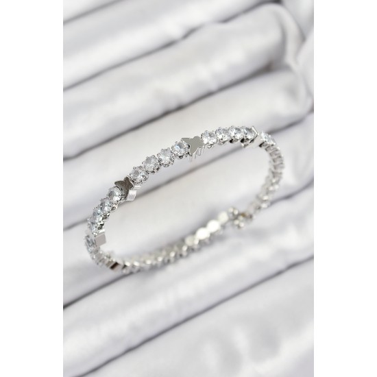 Pirinç Zirkon Taşlı Kalp Model Gümüş Renk Yaylı Kadın Bileklik - TJ-BB7220