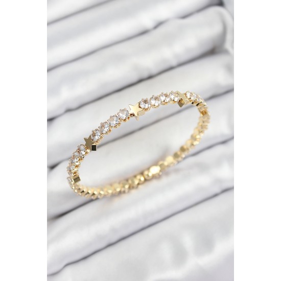 Pirinç Zirkon Taşlı Yıldız Model Gold Renk Yaylı Kadın Bileklik - TJ-BB7221