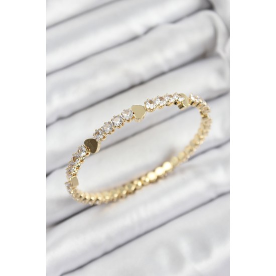 Pirinç Zirkon Taşlı Kalp Model Gold Renk Yaylı Kadın Bileklik - TJ-BB7222