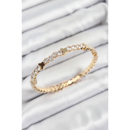 Pirinç Zirkon Taşlı Kelebek Model Gold Renk Yaylı Kadın Bileklik - TJ-BB7223