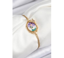 316L Çelik Zincir Mineli Sanatsal Portre Zirkon Taşlı Kelebek Detaylı Çiçek Model Gold Renk Kadın Bileklik - TJ-BB7224