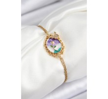 316L Çelik Zincir Mineli Sanatsal Portre Zirkon Taşlı Kelebek Detaylı Çiçek Model Gold Renk Kadın Bileklik - TJ-BB7224