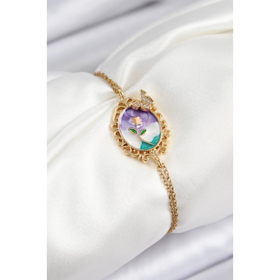 316L Çelik Zincir Mineli Sanatsal Portre Zirkon Taşlı Kelebek Detaylı Çiçek Model Gold Renk Kadın Bileklik - TJ-BB7224