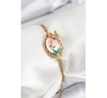 316L Çelik Zincir Mineli Sanatsal Portre Zirkon Taşlı Kelebek Detaylı Çiçek Model Gold Renk Kadın Bileklik - TJ-BB7225