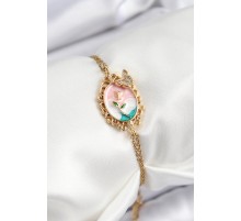 316L Çelik Zincir Mineli Sanatsal Portre Zirkon Taşlı Kelebek Detaylı Çiçek Model Gold Renk Kadın Bileklik - TJ-BB7225