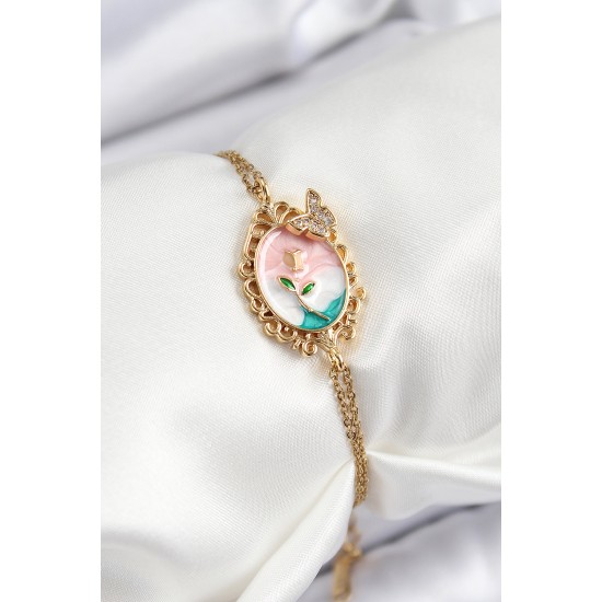 316L Çelik Zincir Mineli Sanatsal Portre Zirkon Taşlı Kelebek Detaylı Çiçek Model Gold Renk Kadın Bileklik - TJ-BB7225