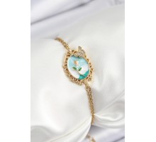 316L Çelik Zincir Mineli Sanatsal Portre Zirkon Taşlı Kelebek Detaylı Çiçek Model Gold Renk Kadın Bileklik - TJ-BB7226