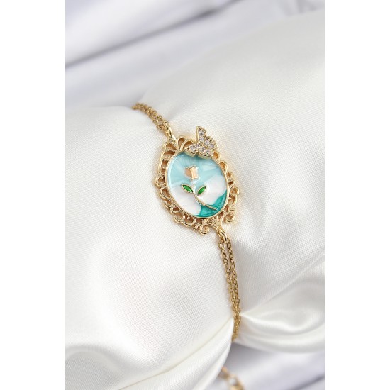 316L Çelik Zincir Mineli Sanatsal Portre Zirkon Taşlı Kelebek Detaylı Çiçek Model Gold Renk Kadın Bileklik - TJ-BB7226