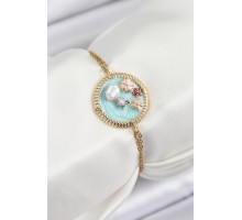 316L Çelik Zincir Turkuaz Mineli Sanatsal Portre İnci Detaylı Çiçek Model Gold Renk Kadın Bileklik - TJ-BB7227