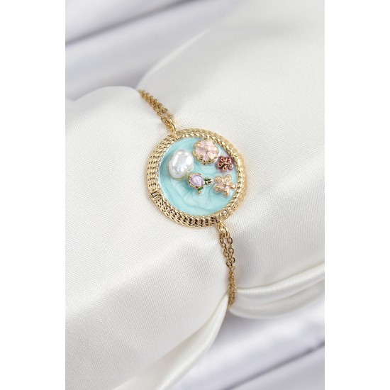 316L Çelik Zincir Turkuaz Mineli Sanatsal Portre İnci Detaylı Çiçek Model Gold Renk Kadın Bileklik - TJ-BB7227