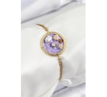 316L Çelik Zincir Mor Mineli Sanatsal Portre İnci Detaylı Çiçek Model Gold Renk Kadın Bileklik - TJ-BB7228