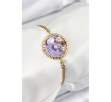 316L Çelik Zincir Mor Mineli Sanatsal Portre İnci Detaylı Çiçek Model Gold Renk Kadın Bileklik - TJ-BB7228