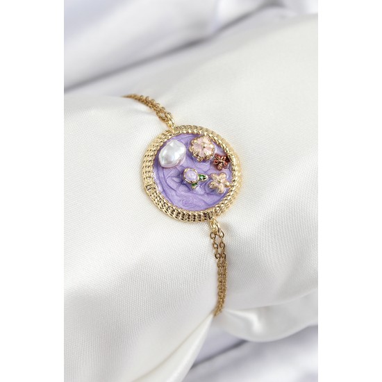 316L Çelik Zincir Mor Mineli Sanatsal Portre İnci Detaylı Çiçek Model Gold Renk Kadın Bileklik - TJ-BB7228