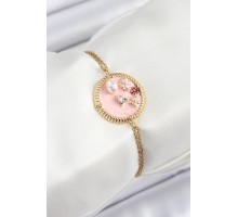 316L Çelik Zincir Pembe Mineli Sanatsal Portre İnci Detaylı Çiçek Model Gold Renk Kadın Bileklik - TJ-BB7229
