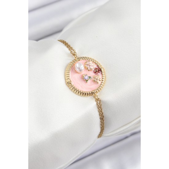 316L Çelik Zincir Pembe Mineli Sanatsal Portre İnci Detaylı Çiçek Model Gold Renk Kadın Bileklik - TJ-BB7229