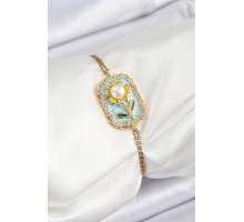 316L Çelik Zincir Turkuaz Mineli Sanatsal Portre İnci Detaylı Papatya Model Gold Renk Kadın Bileklik - TJ-BB7230