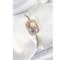 316L Çelik Zincir Mor Mineli Sanatsal Portre İnci Detaylı Papatya Model Gold Renk Kadın Bileklik - TJ-BB7231