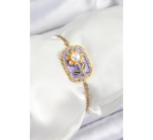 316L Çelik Zincir Mor Mineli Sanatsal Portre İnci Detaylı Papatya Model Gold Renk Kadın Bileklik - TJ-BB7231