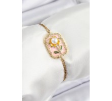 316L Çelik Zincir Pembe Mineli Sanatsal Portre İnci Detaylı Papatya Model Gold Renk Kadın Bileklik - TJ-BB7232