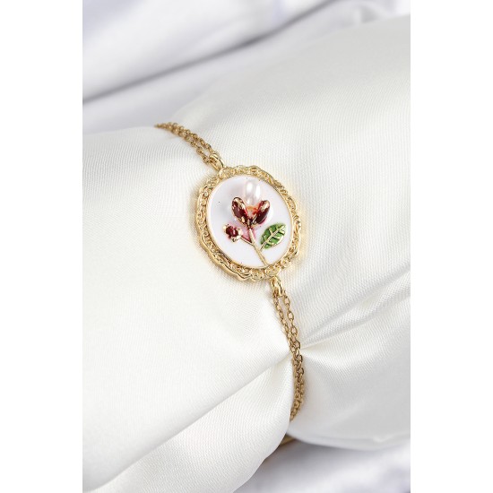 316L Çelik Zincir Beyaz Mineli Sanatsal Portre İnci Detaylı Lale Model Gold Renk Kadın Bileklik - TJ-BB7235